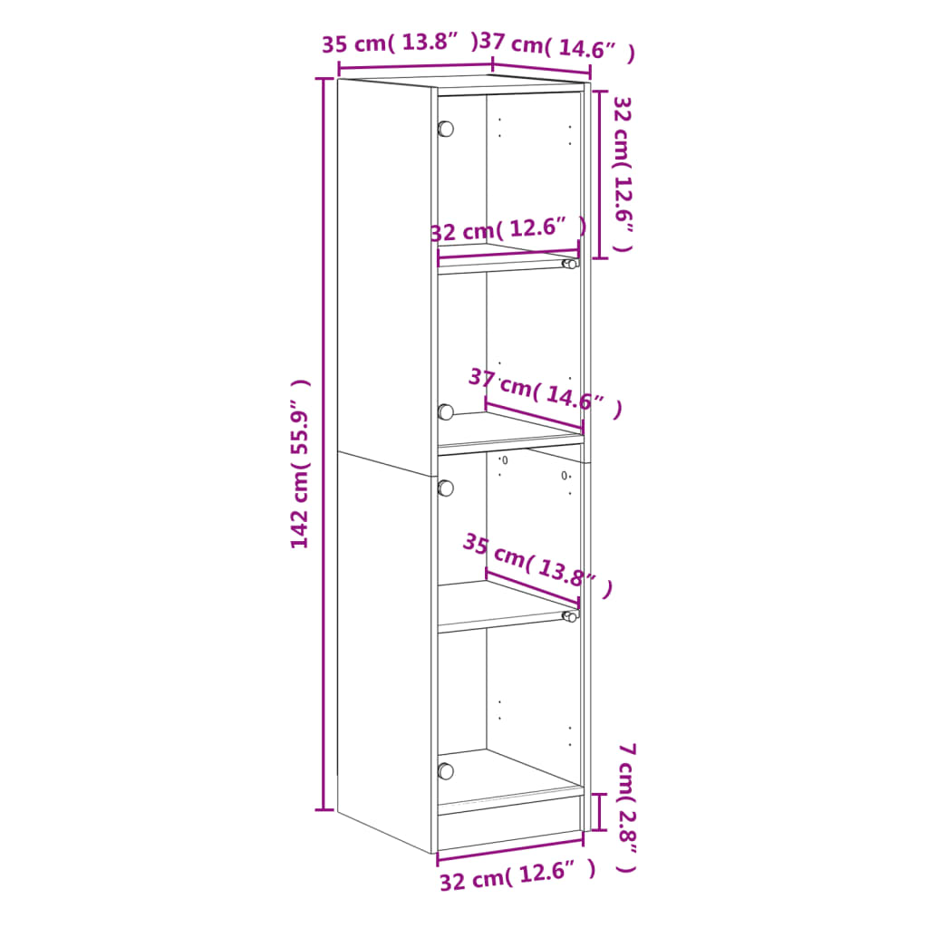 Visoka komoda sa staklenim vratima boja hrasta 35 x 37 x 142 cm