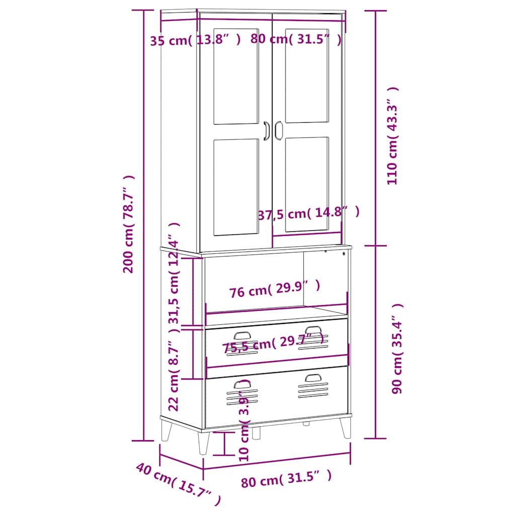 Visoka komoda VIKEN bijela 80 x 40 x 200 cm od masivne borovine