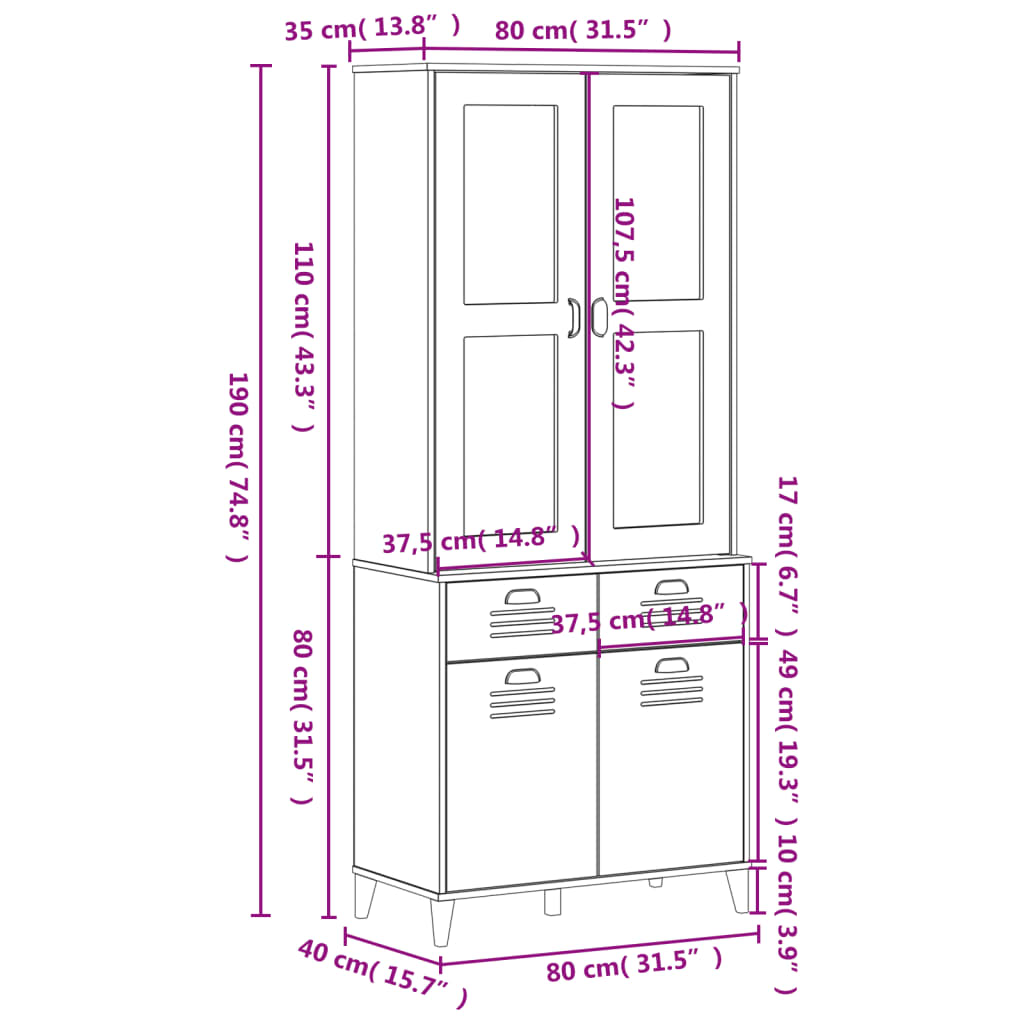 Visoka komoda VIKEN crna 80 x 40 x 190 cm od masivne borovine