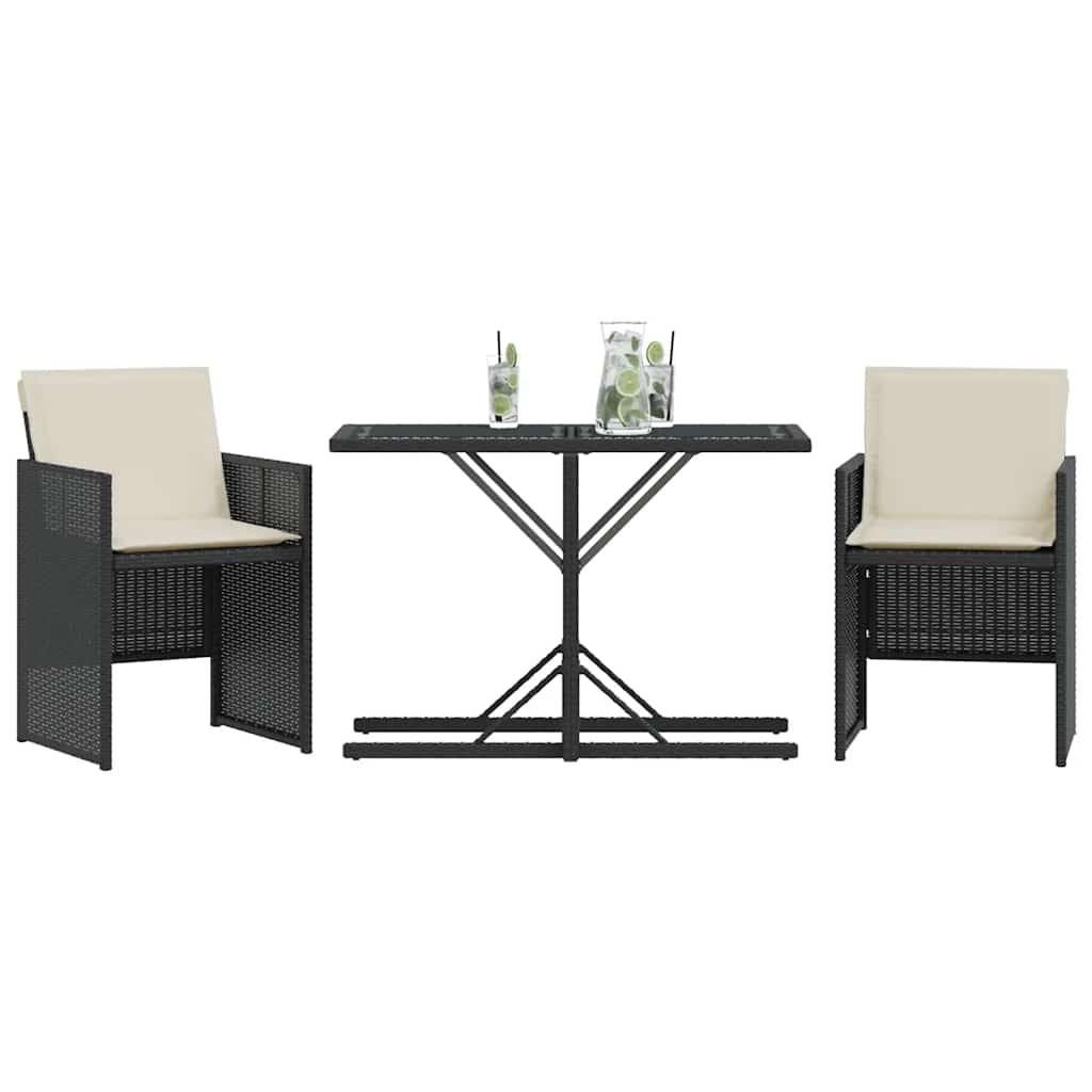 3-dijelni bistro set s jastucima crni od poliratana