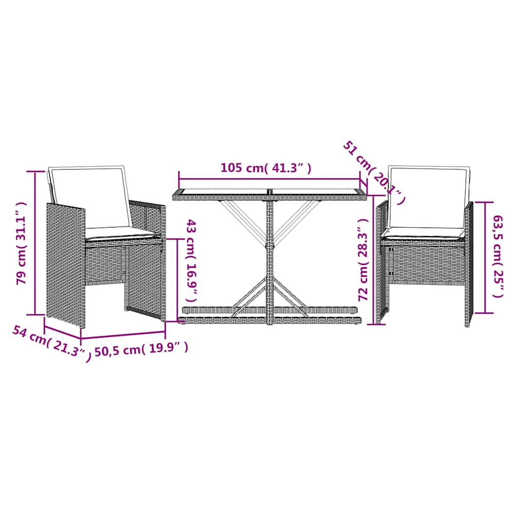 3-dijelni bistro set s jastucima crni od poliratana