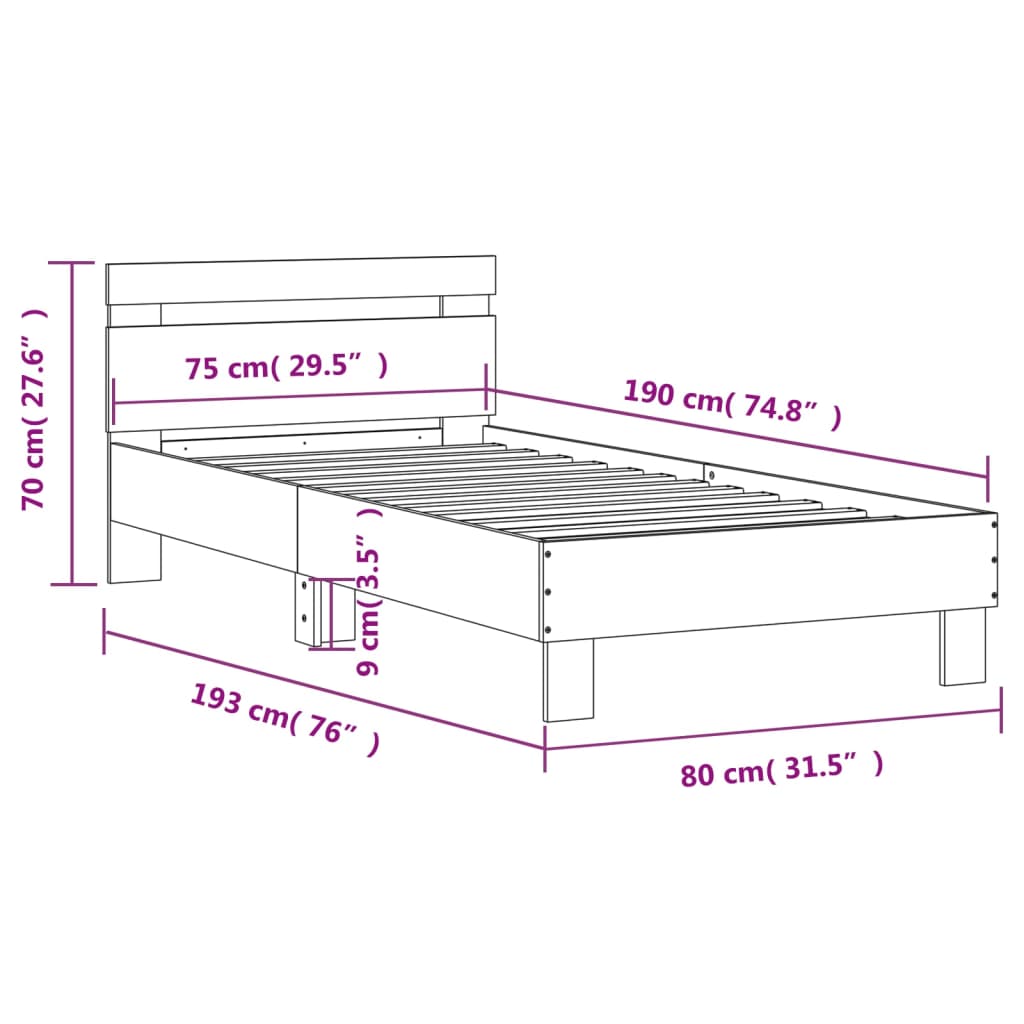 Okvir za krevet s uzglavljem bijeli 75x190 cm konstruirano drvo