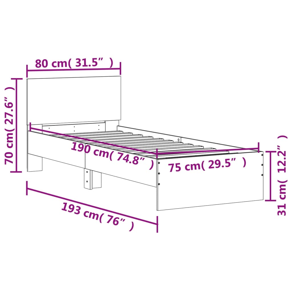Okvir za krevet s uzglavljem bijeli 75x190 cm konstruirano drvo