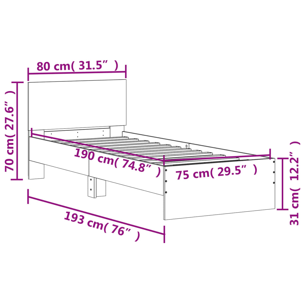 Okvir za krevet s uzglavljem i LED svjetlima bijeli 75x190 cm