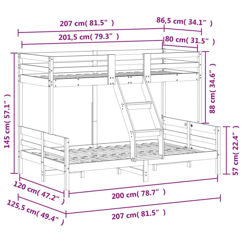 Krevet na kat 80x200/120x200 cm masivna borovina voštano smeđi