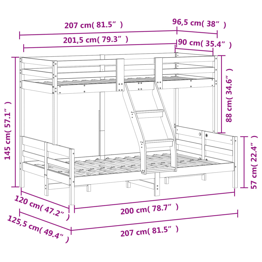 Krevet na kat 90x200/120x200 cm masivna borovina voštano smeđi
