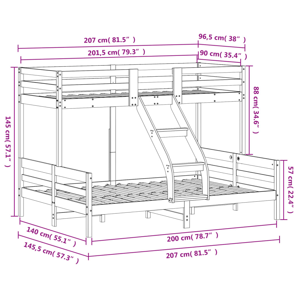 Krevet na kat 90x200/140x200 cm masivna borovina bijela