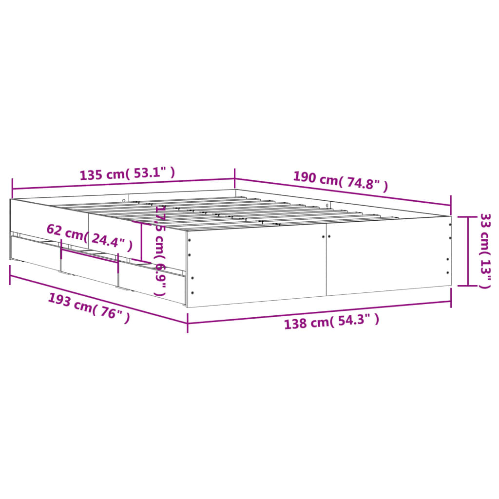 Okvir za krevet s ladicama boja hrasta 135x190 cm drveni