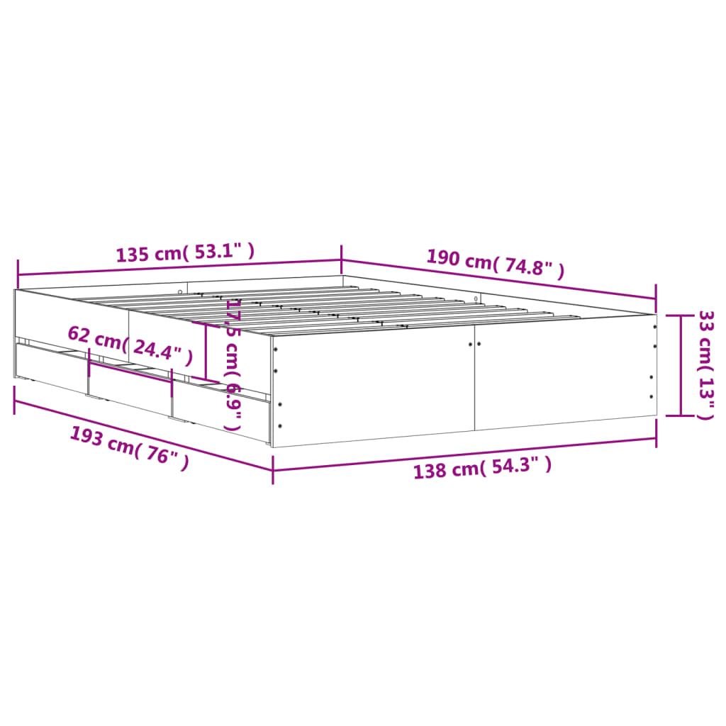 Okvir za krevet s ladicama boja sivog hrasta 135x190 cm