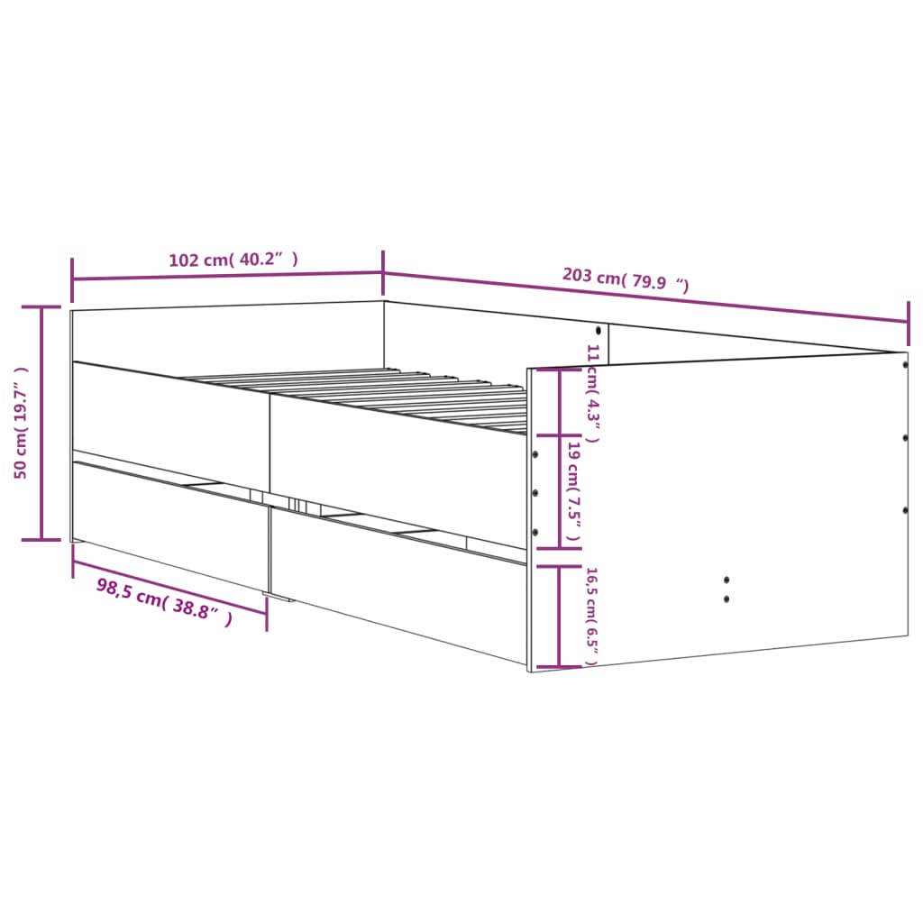 Okvir kreveta s ladicama siva boja hrasta 100 x 200 cm