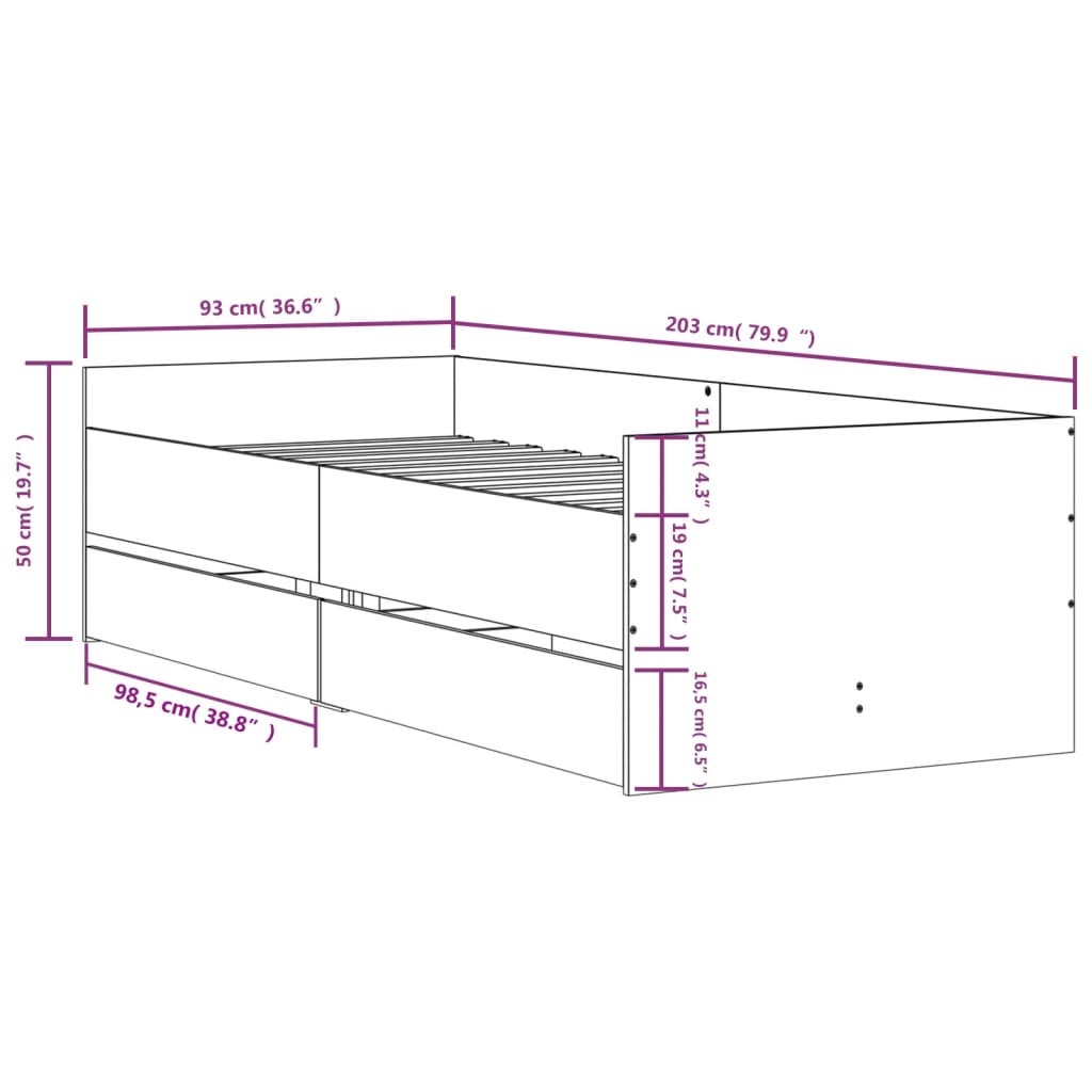 Okvir kreveta s ladicama boja dimljenog hrasta 90x200 cm