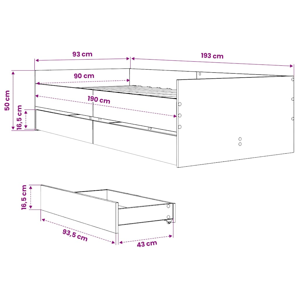 Okvir kreveta s ladicama crni 90 x 190 cm