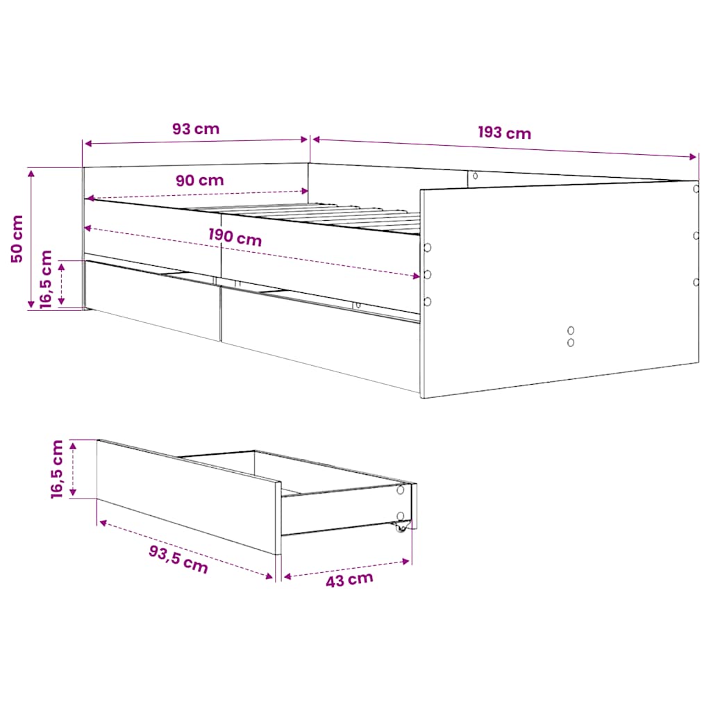 Okvir kreveta s ladicama boja smeđeg hrasta 90 x 190 cm