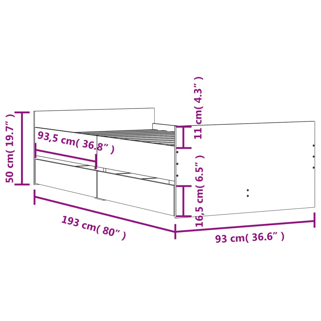 Okvir kreveta s ladicama boja hrasta 90x190 cm
