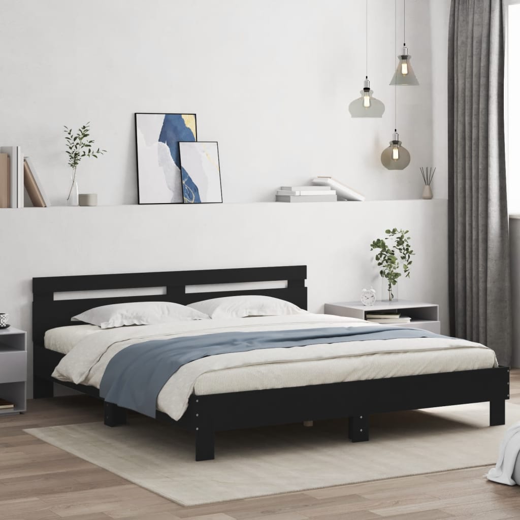 Okvir kreveta s uzglavljem crni 200 x 200 cm konstruirano drvo