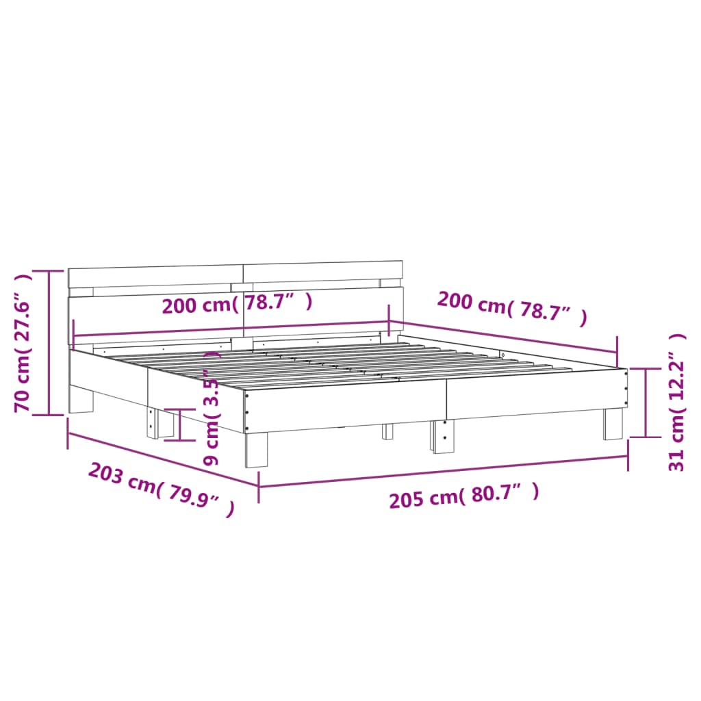 Okvir kreveta s uzglavljem i LED svjetlima crni 200 x 200 cm