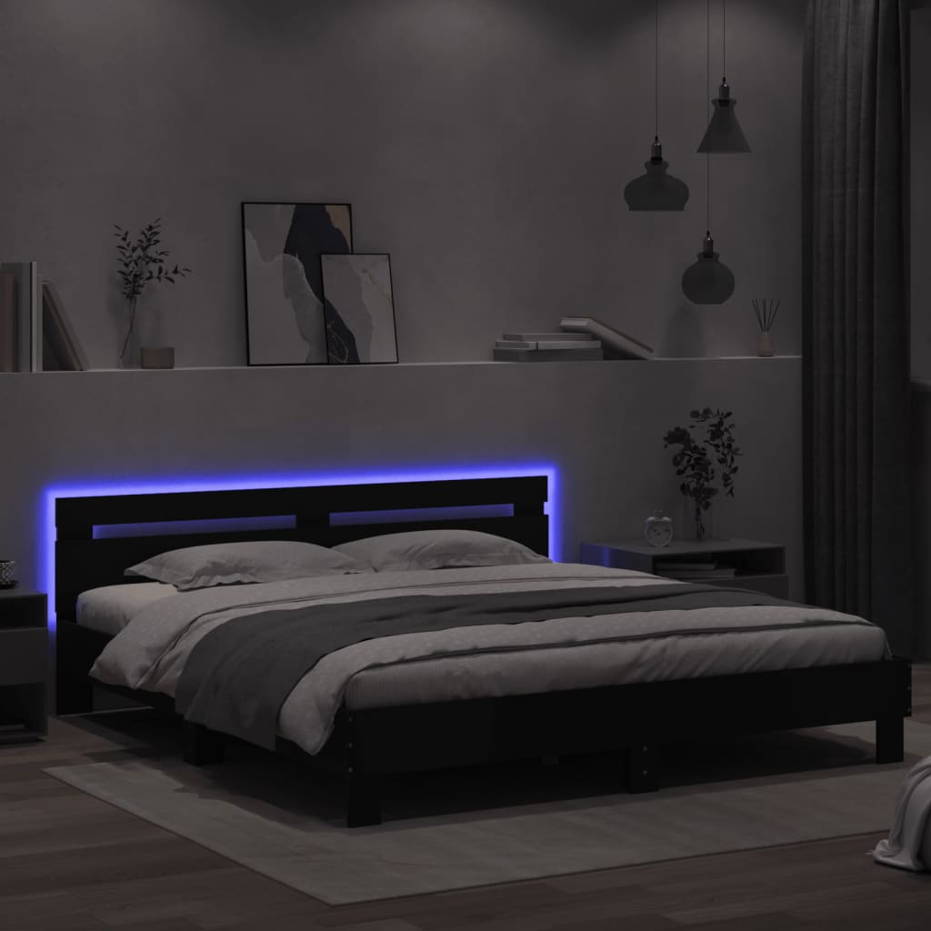 Okvir kreveta s uzglavljem i LED svjetlima crni 200 x 200 cm