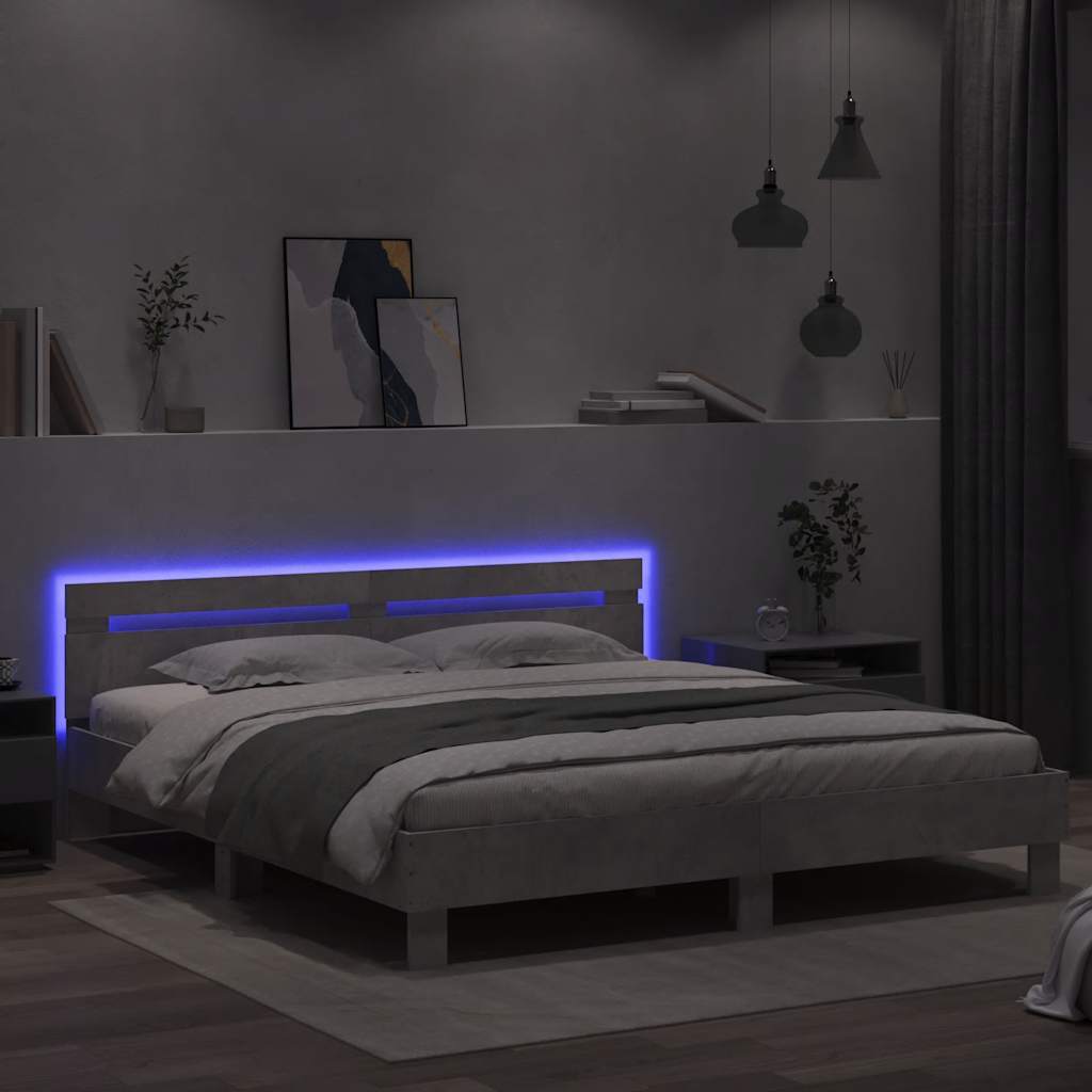 Okvir za krevet s uzglavljem i LED siva boja betona 200x200 cm