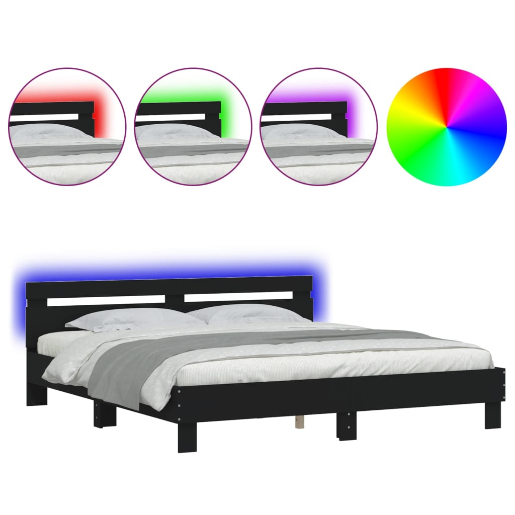 Okvir kreveta s uzglavljem i LED crni 160 x 200 cm