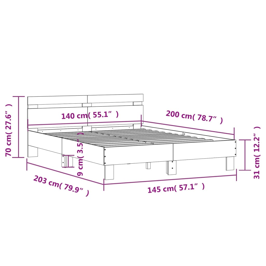 Okvir za krevet s uzglavljem i LED crni 140 x 200 cm