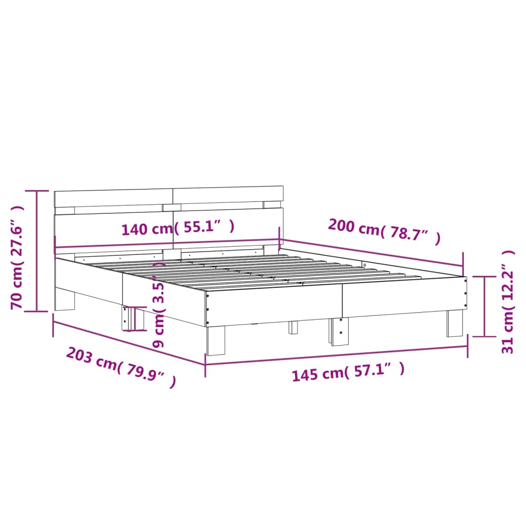 Okvir kreveta s uzglavljem LED siva boja hrasta 140x200 cm
