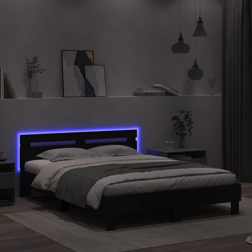 Okvir kreveta s uzglavljem i LED svjetlima crni 140 x 190 cm