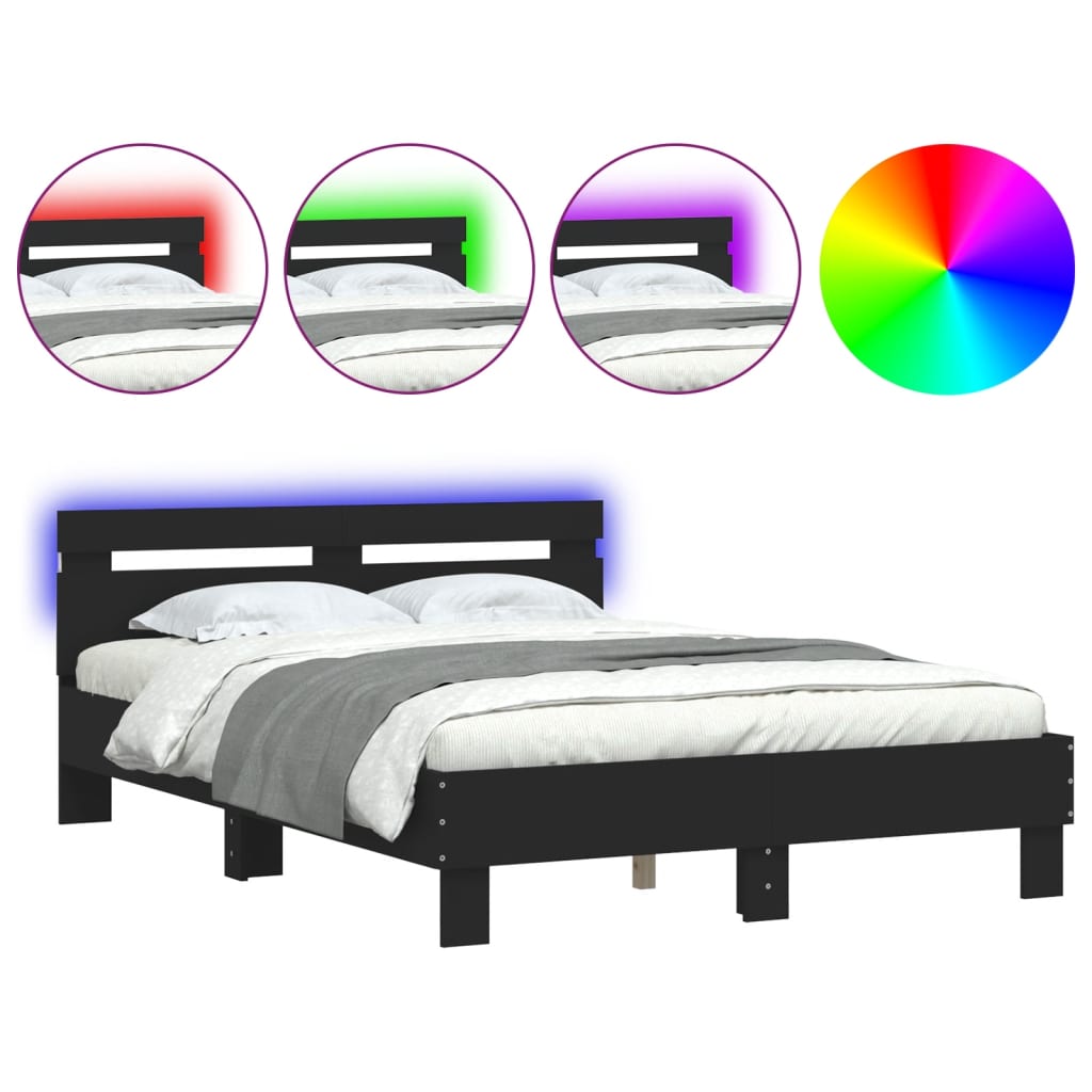 Okvir za krevet s uzglavljem i LED crni 135x190 cm