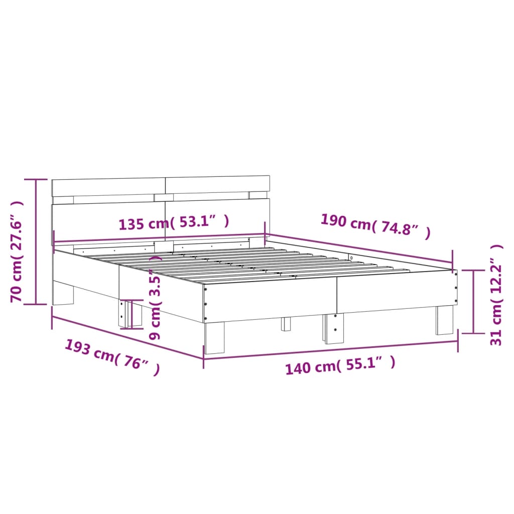 Okvir za krevet s uzglavljem i LED crni 135x190 cm