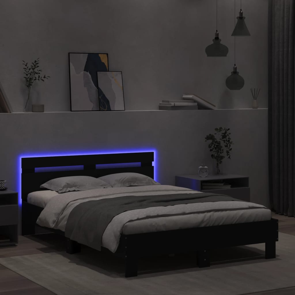 Okvir za krevet s uzglavljem i LED crni 135x190 cm