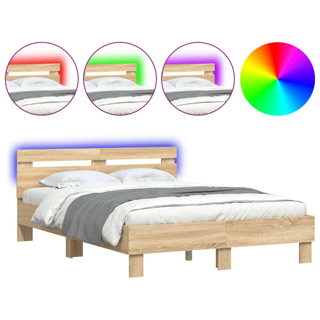 Okvir za krevet s uzglavljem i LED boja hrasta sonome 135x190cm