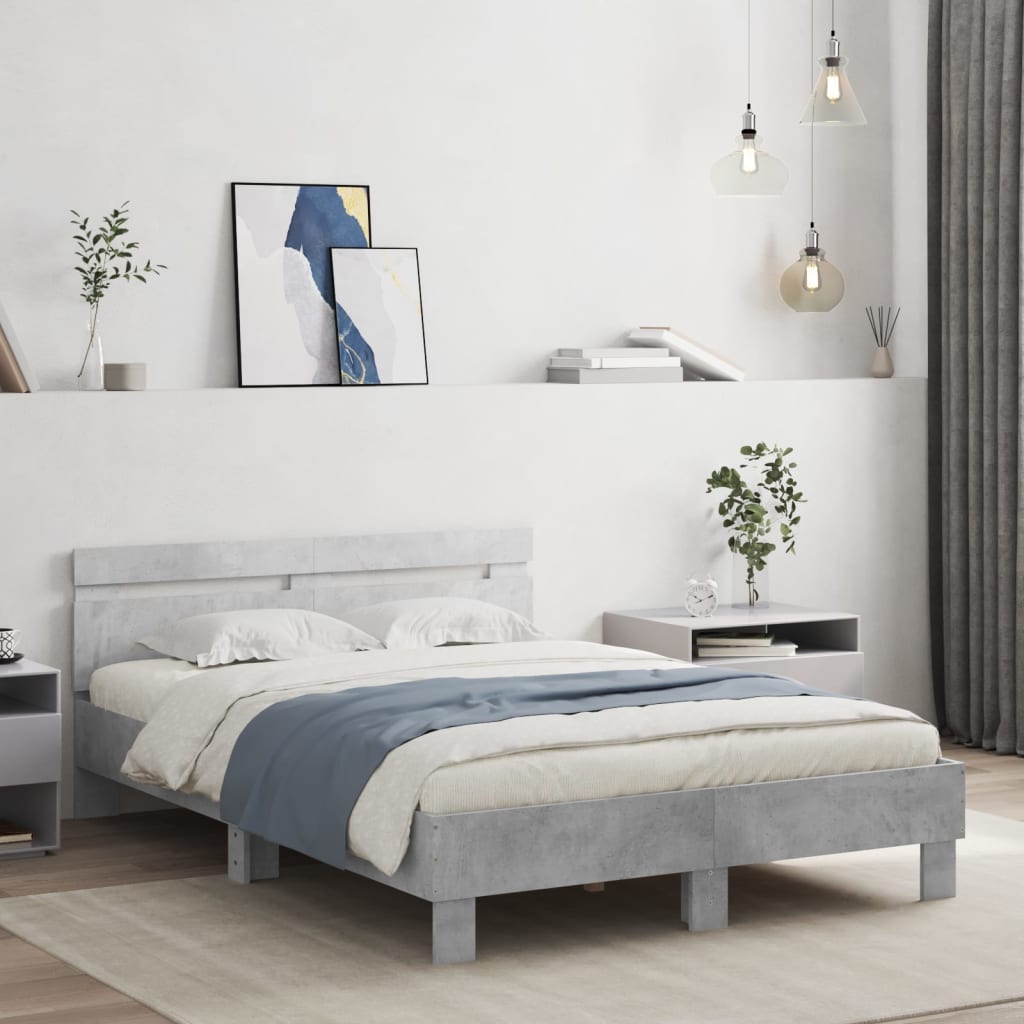 Okvir kreveta s uzglavljem LED siva boja betona 135 x 190 cm