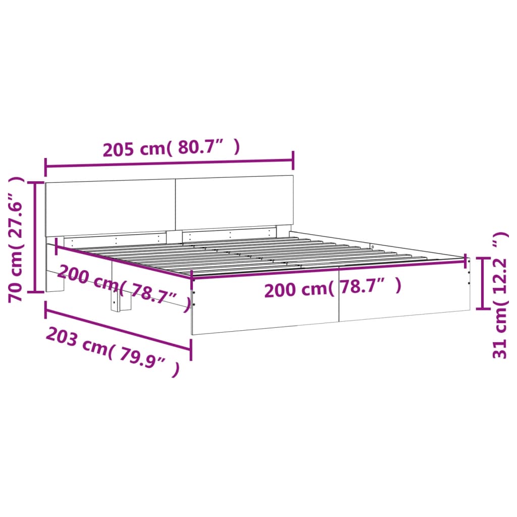 Okvir za krevet s uzglavljem i LED boja smeđeg hrasta 200x200cm