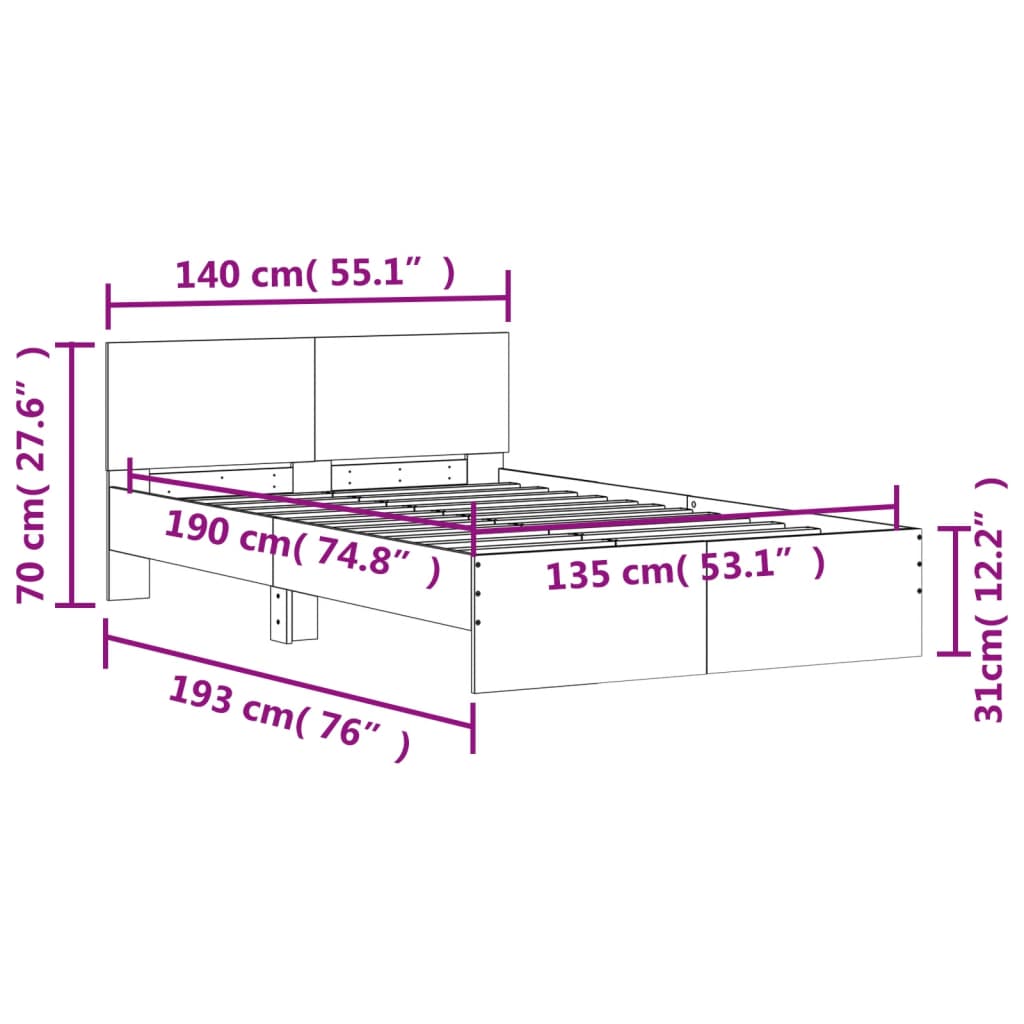 Okvir za krevet s uzglavljem i LED bijeli 135x190 cm