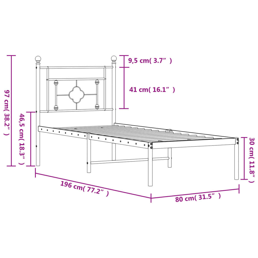 Metalni okvir za krevet s uzglavljem crni 75x190 cm