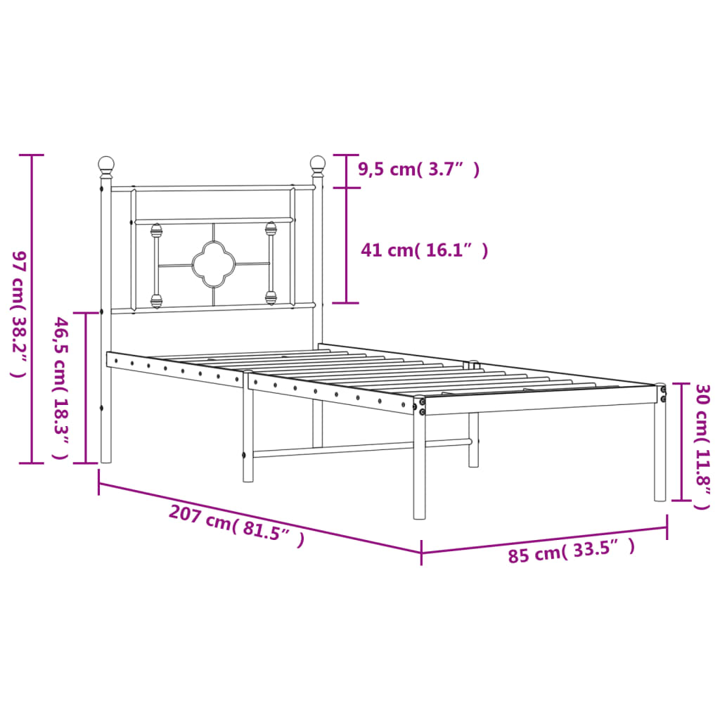 Metalni okvir za krevet s uzglavljem crni 80x200 cm