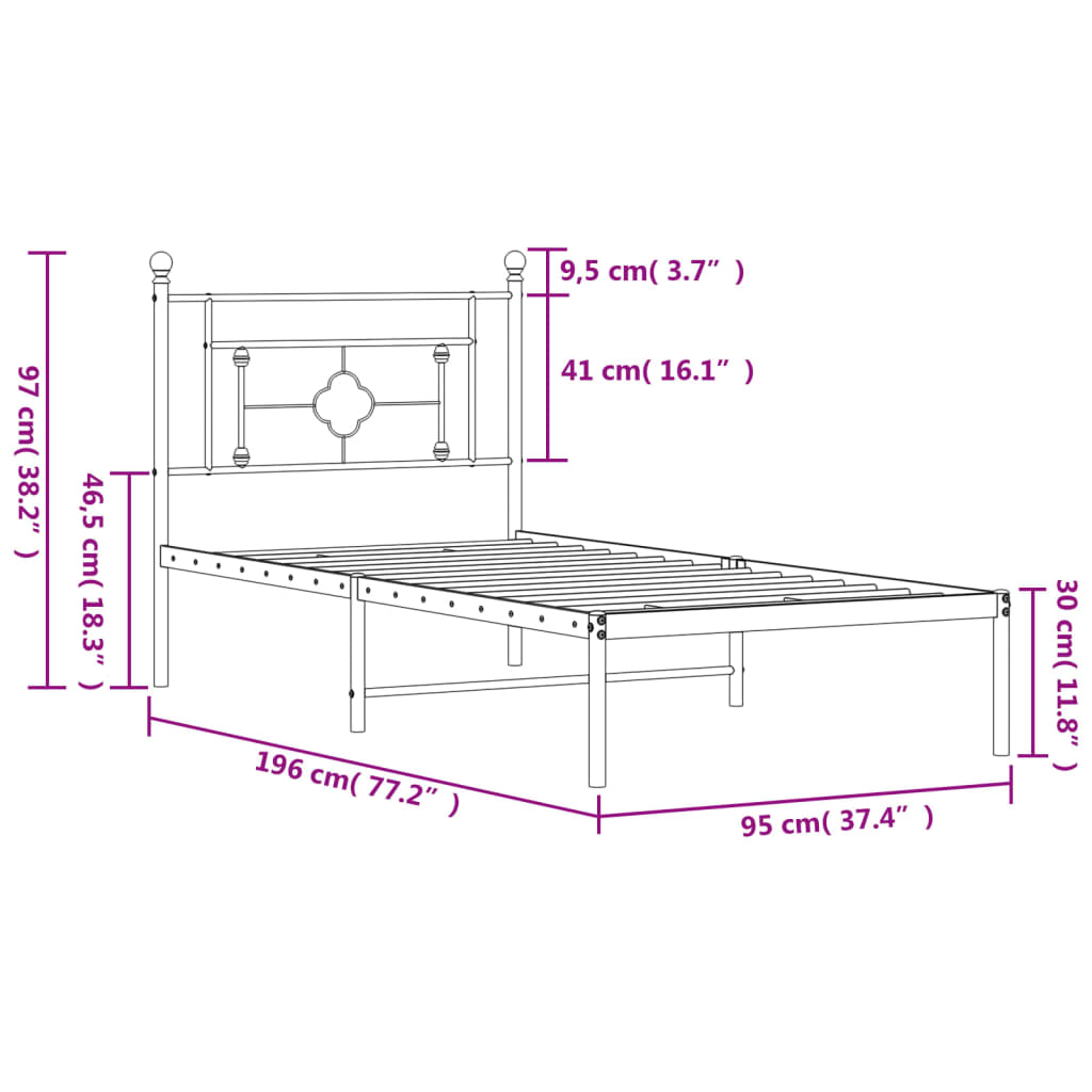 Metalni okvir za krevet s uzglavljem crni 90x190 cm