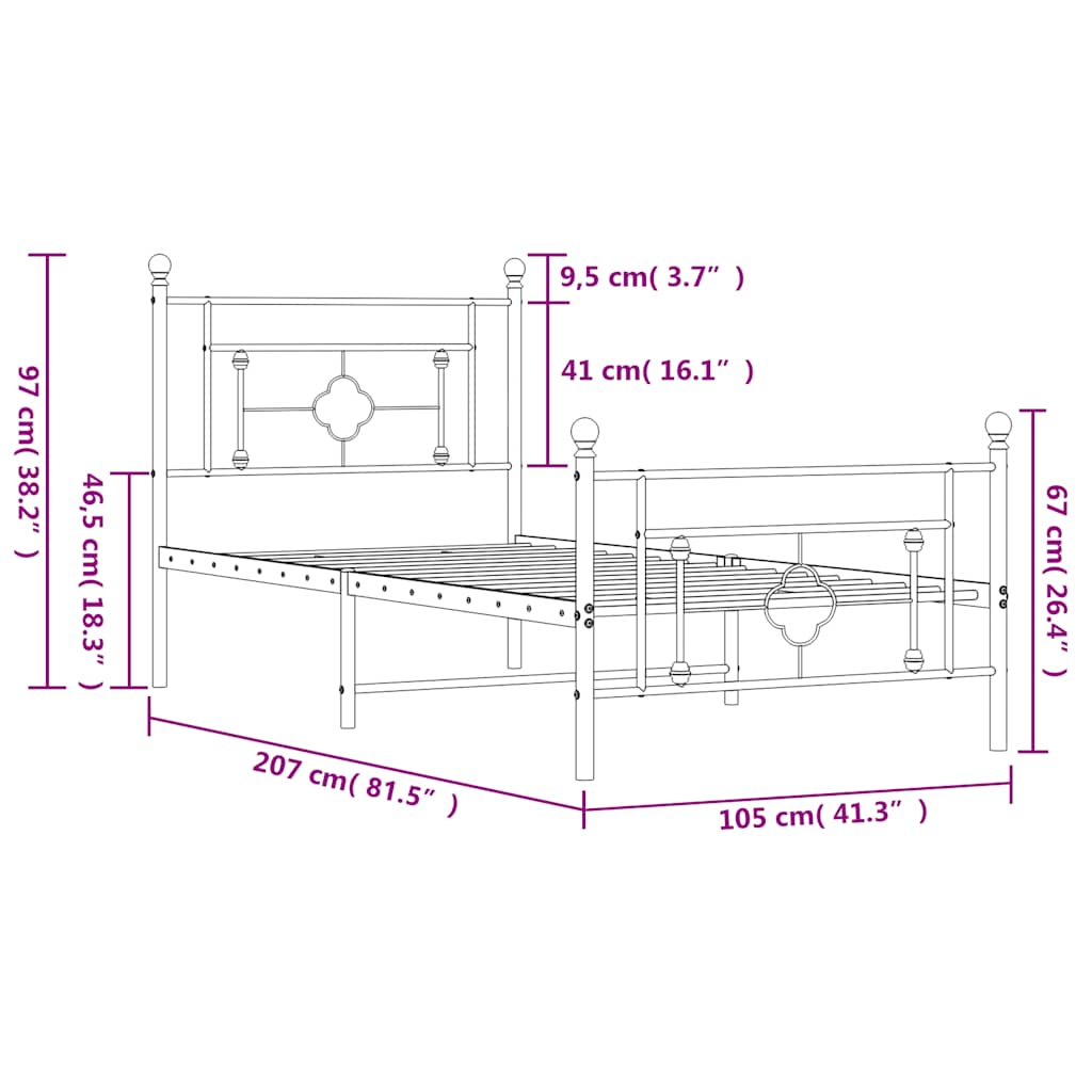 Metalni okvir kreveta uzglavlje i podnožje crni 100x200 cm
