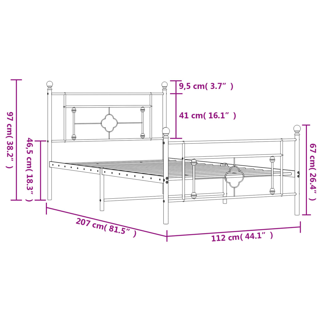 Metalni okvir kreveta uzglavlje i podnožje bijeli 107x203 cm