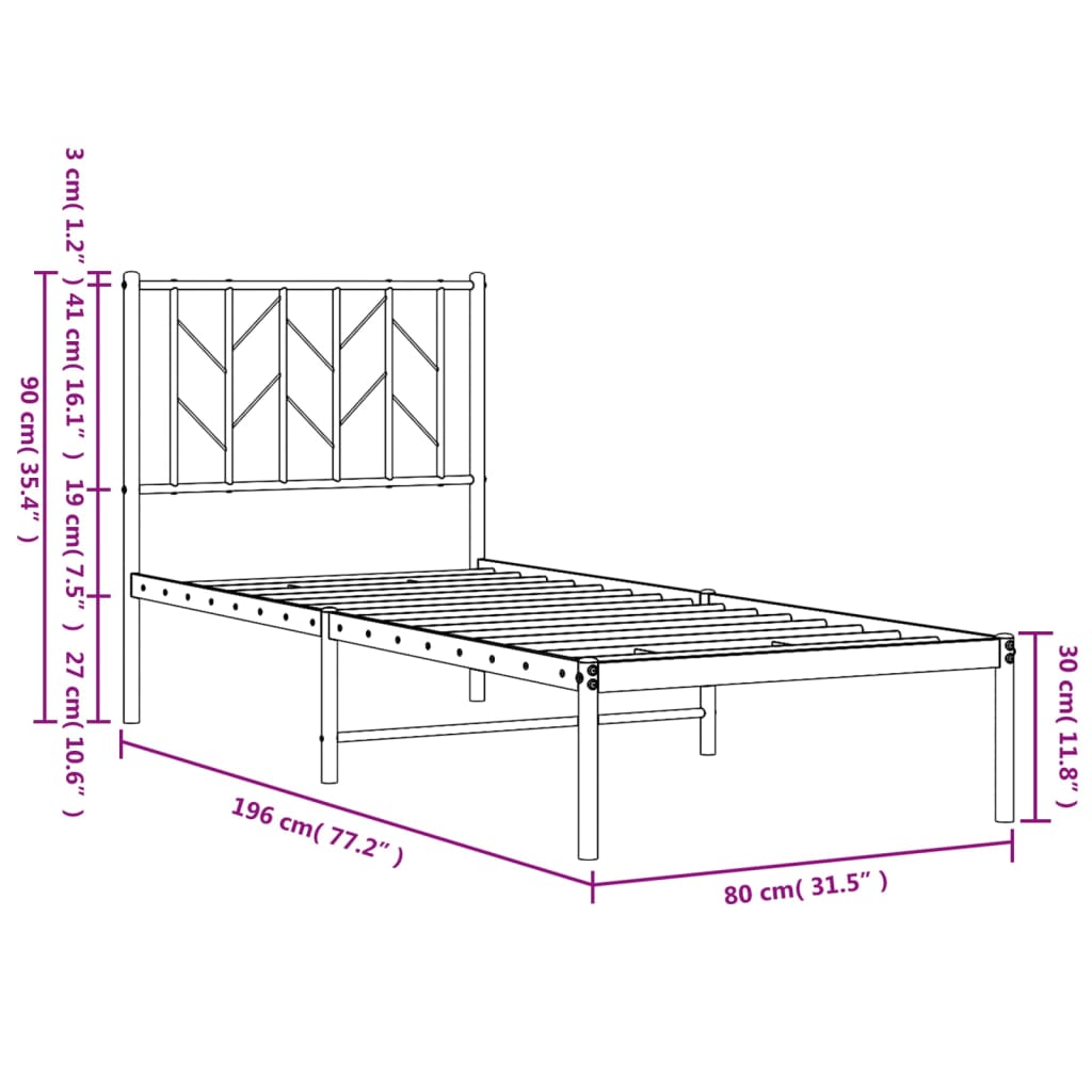 Metalni okvir za krevet s uzglavljem crni 75x190 cm