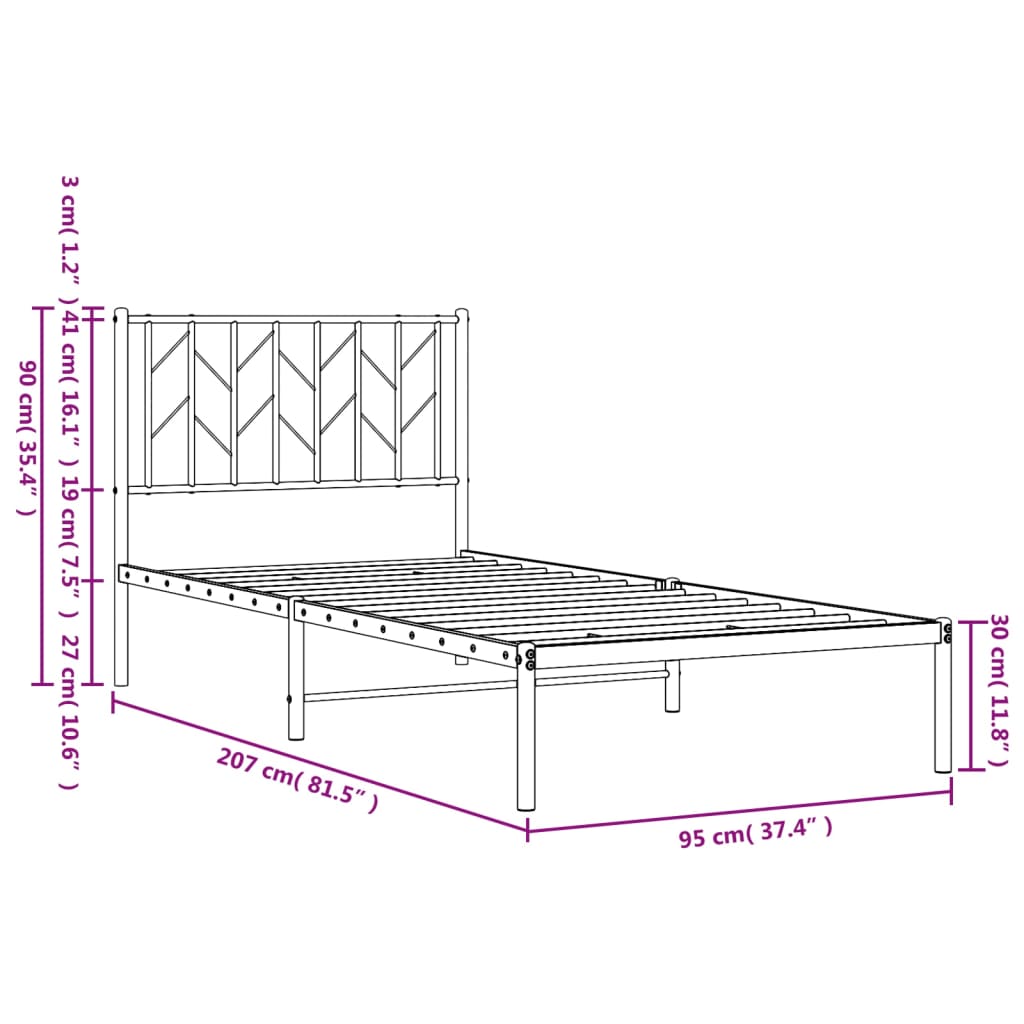 Metalni okvir za krevet s uzglavljem crni 90x200 cm