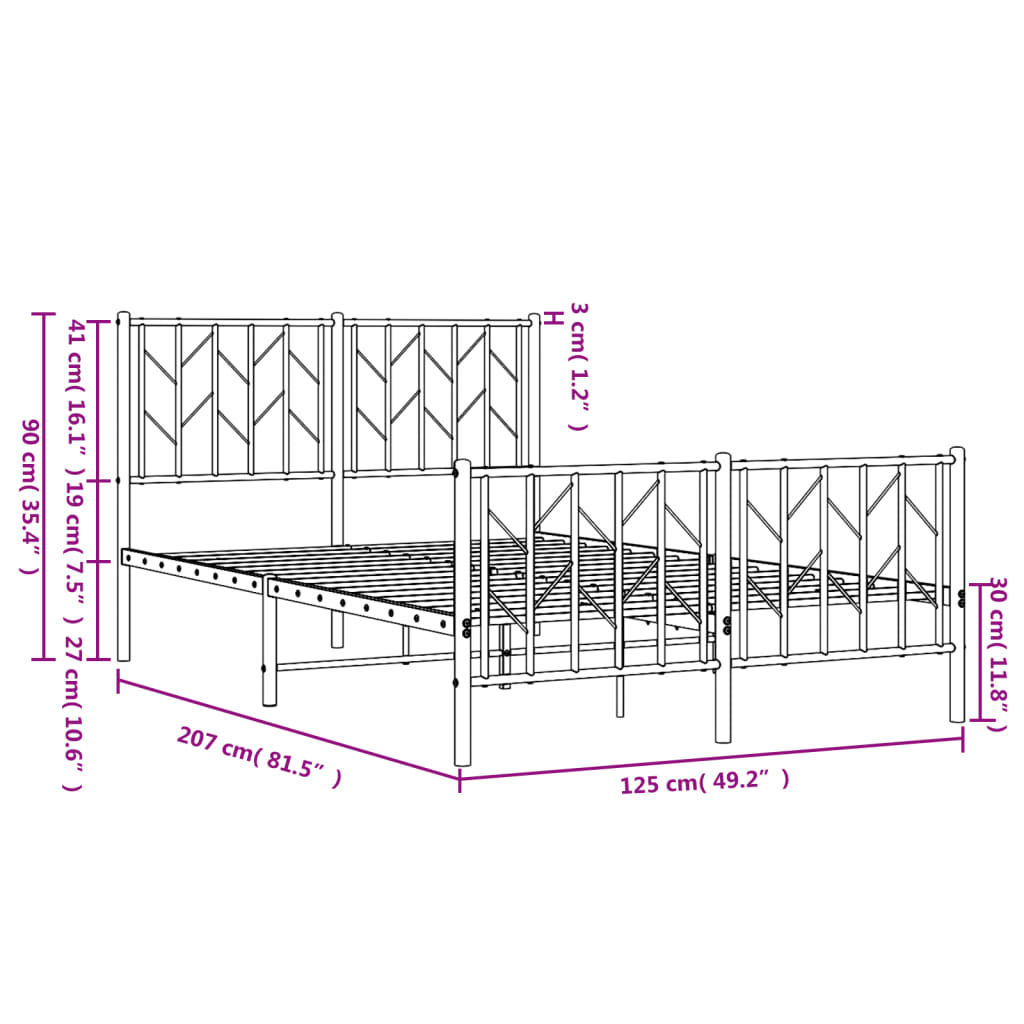 Metalni okvir kreveta uzglavlje i podnožje crni 120x200 cm