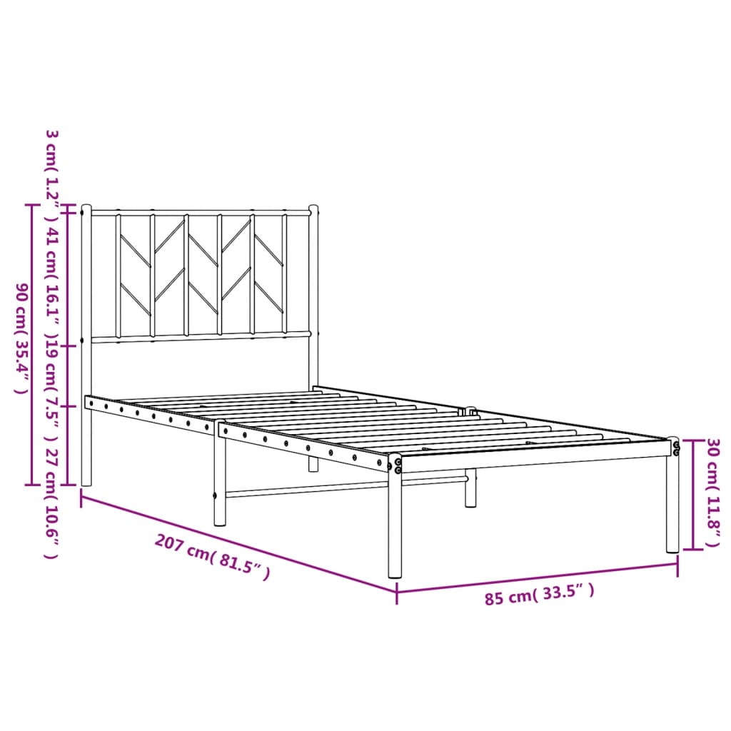 Metalni okvir za krevet s uzglavljem bijeli 80x200 cm