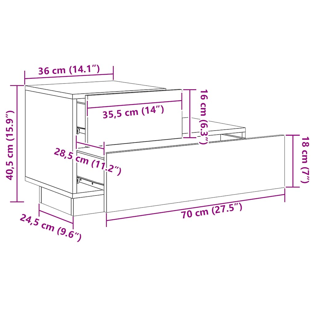 Noćni ormarić s LED svjetlima boja smeđeg hrasta 70x36x40,5 cm
