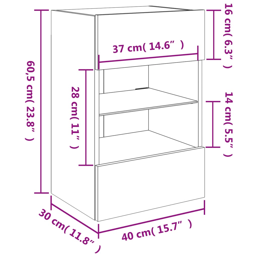 Zidni TV ormarić s LED svjetlima boja hrasta 40x30x60,5 cm
