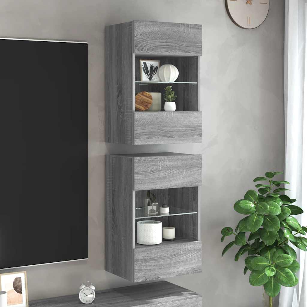 Zidni ormarići s LED svjetlima za TV 2 kom siva boja hrasta 40 x 30 x 60,5 cm