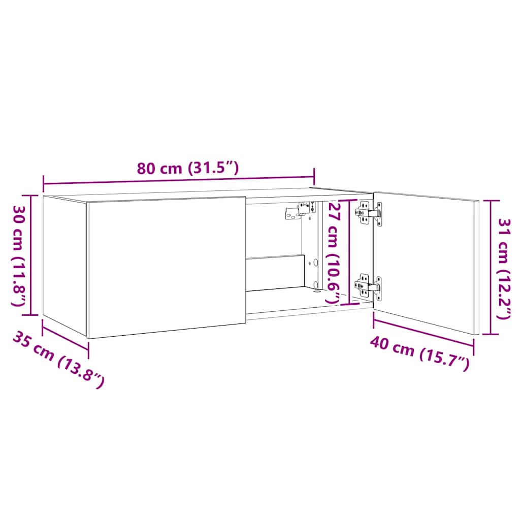 Zidni TV ormarić s LED svjetlima boja hrasta 80x35x31 cm