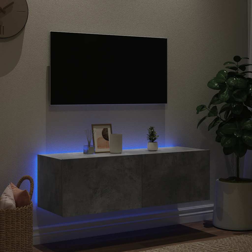 Zidni TV ormarić s LED svjetlima siva boja betona 100x35x31 cm