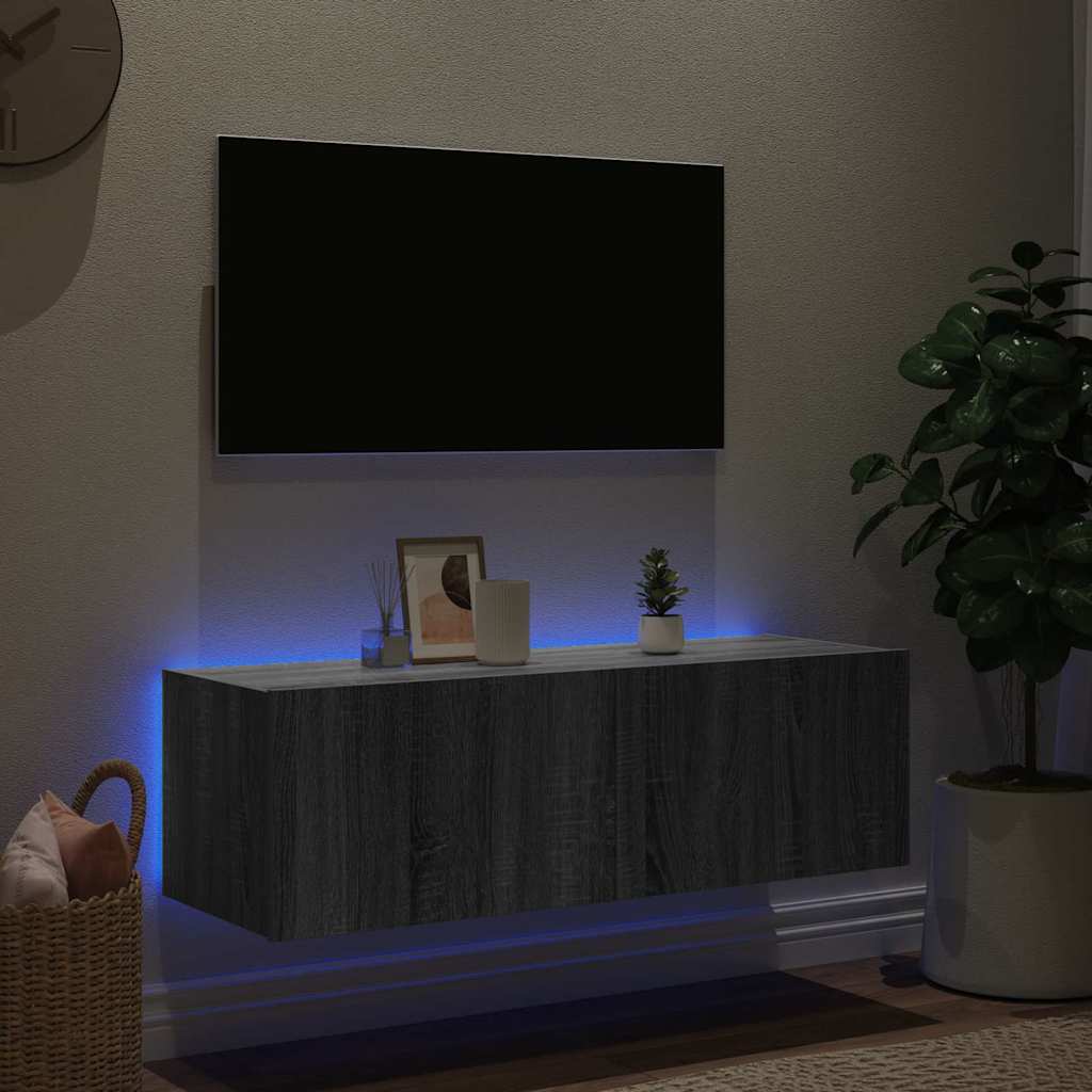 Zidni TV ormarić s LED svjetlima siva boja hrasta 100x35x31 cm