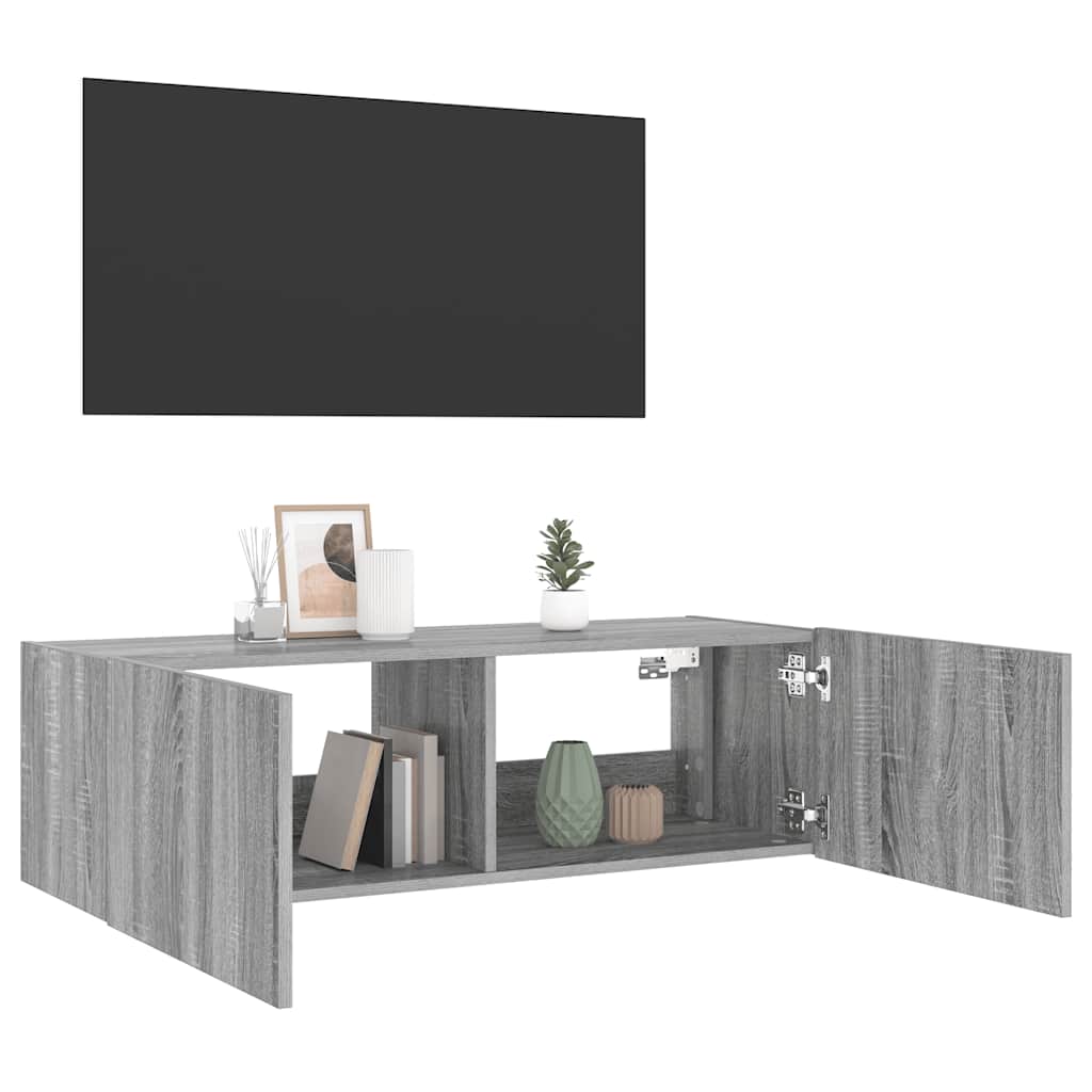 Zidni TV ormarić s LED svjetlima siva boja hrasta 100x35x31 cm