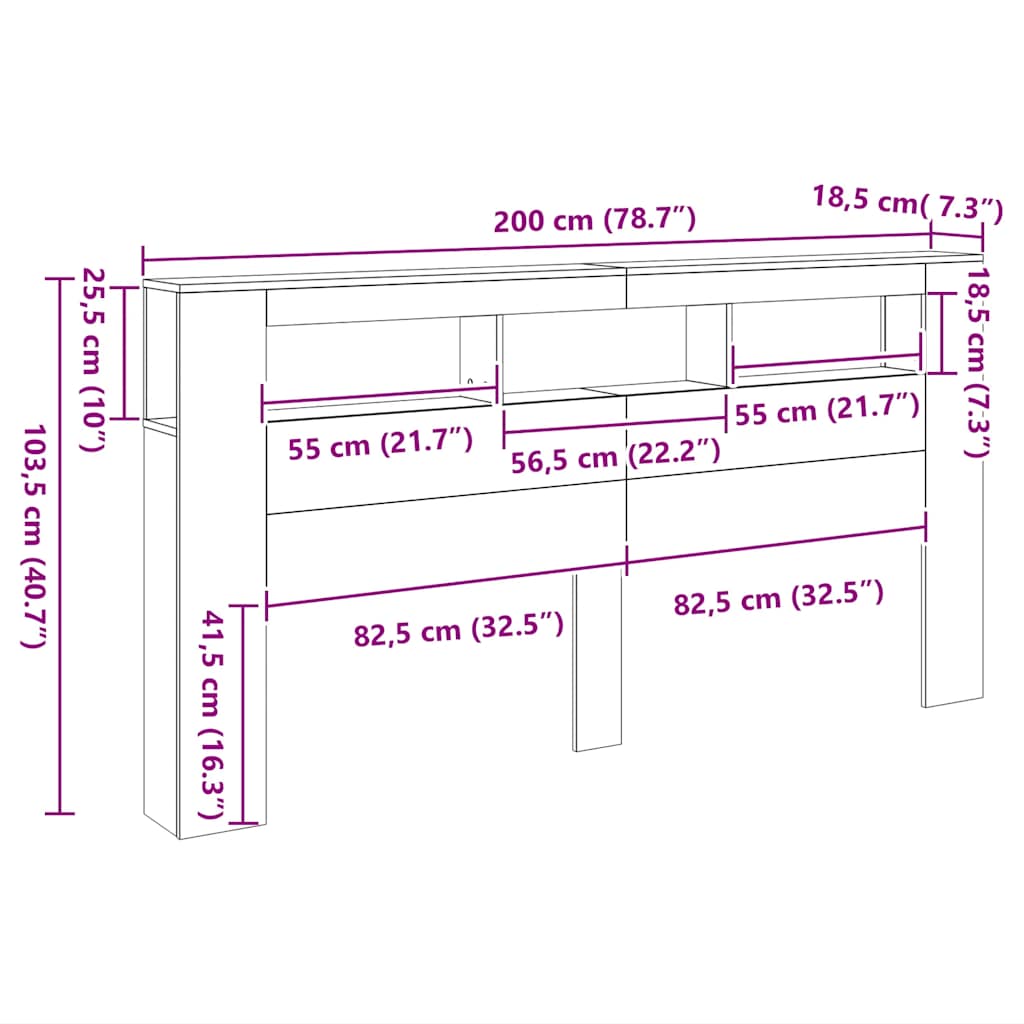 LED uzglavlje boja dimljenog hrasta 200x18,5x103,5 cm drveno